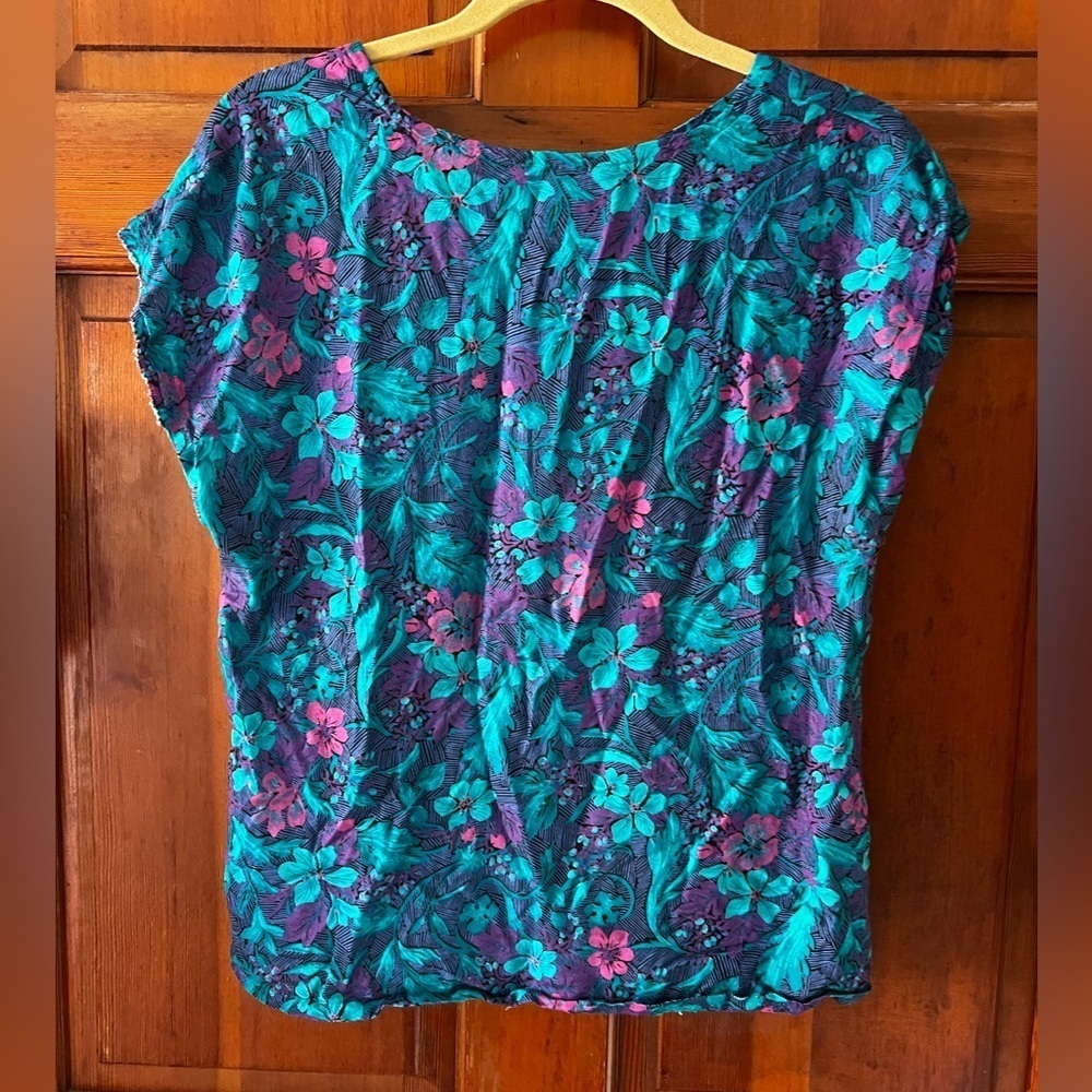 1950s Handmade Floral Blouse – Vintage – Teal & Purple Atomic Floral – M/L